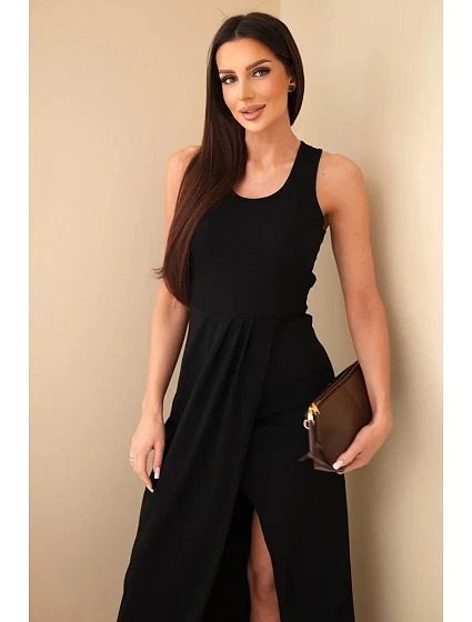 Dámské bavlněné midi šaty bez rukávů s řasením černá Dámské bavlněné midi šaty bez rukávů s řasením černá