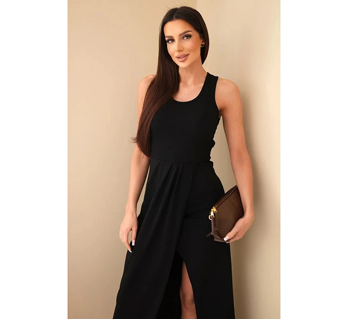 Dámské bavlněné midi šaty bez rukávů s řasením černá Dámské bavlněné midi šaty bez rukávů s řasením černá