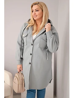 Dámský plášť Plus Size s kapucí zapínaný na knoflíky šedý