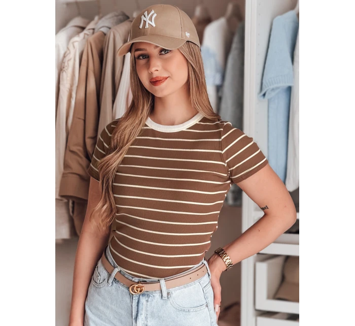 LINESS hnědé pruhované dámské základní tričko FashionStreet RY2810