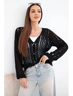 Dámský bavlněný ažurový svetr zapínaný na knoflíky s výstřihem do V černý