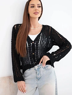 Dámský bavlněný ažurový svetr zapínaný na knoflíky s výstřihem do V černý