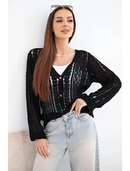 Dámský bavlněný ažurový svetr zapínaný na knoflíky s výstřihem do V černý