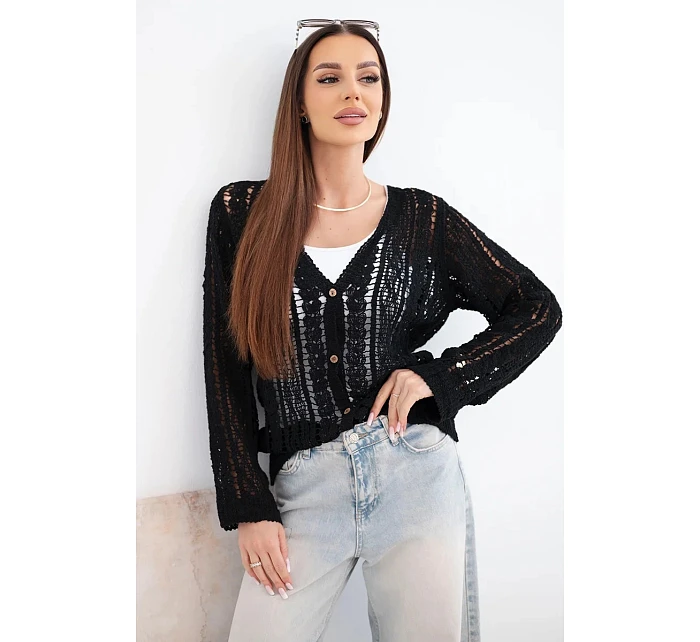 Dámský bavlněný ažurový svetr zapínaný na knoflíky s výstřihem do V černý