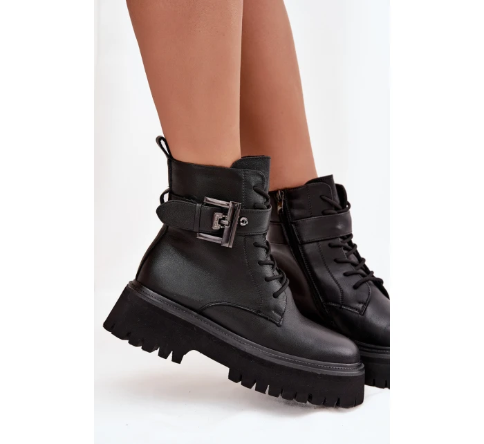 Kožené workery dámské zateplené s ozdobnou sponou D&A model 21715550 Černé - S.Barski