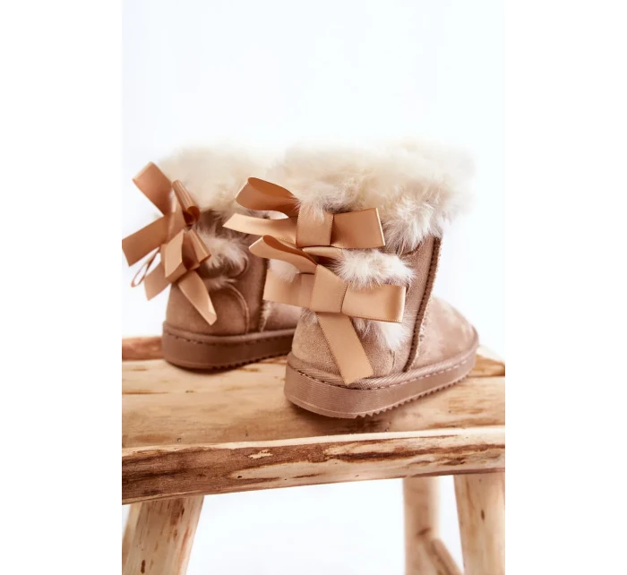 Dětské Teplé Sněhule Semišové s Mašlemi Světle béžove Funky