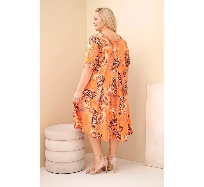 Dámské viskózové šaty Plus Size s krátkým rukávem a model 22043100 střihem oranžová - K-Fashion