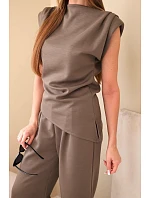 Komplet asymetrická halenka + kalhoty mocca