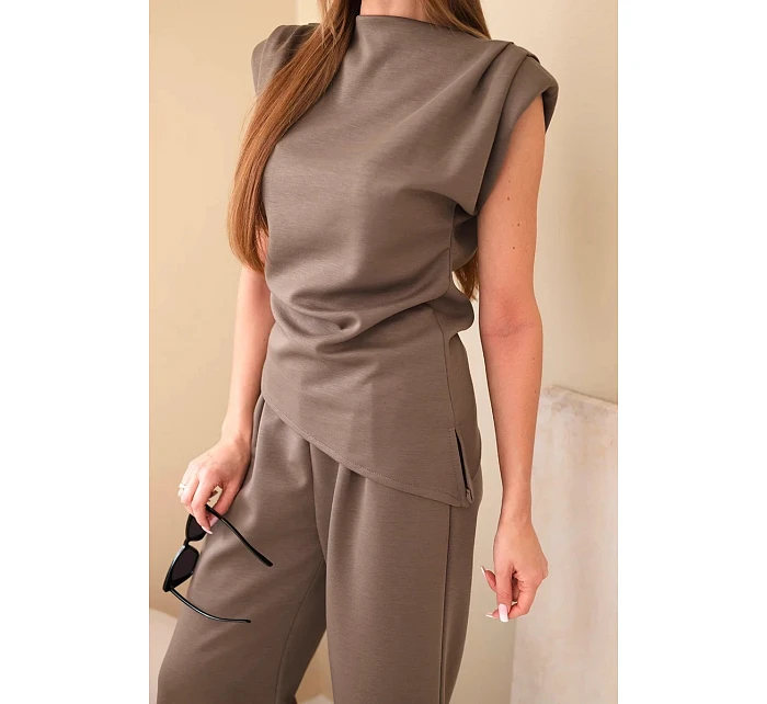 Komplet asymetrická halenka + kalhoty mocca
