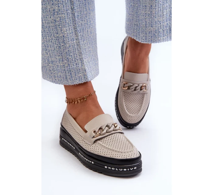 Dámské Kožené mokasíny Na Platformě S řetízkem S.Barski béžová Dámské Kožené mokasíny Na Platformě S řetízkem S.Barski béžová