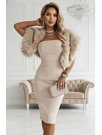 642-3 Korzetové tužkové midi šaty s páskem - béžové 642-3 Korzetové tužkové midi šaty s páskem - béžové