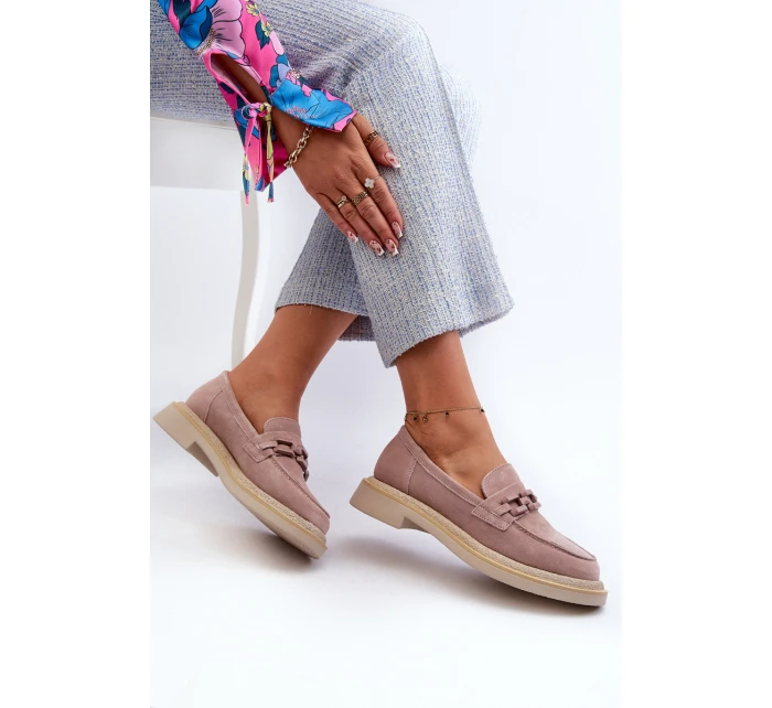 Dámské semišové mokasíny na ploché podrážce s ozdobou D&A TW101 Špinavě růžové