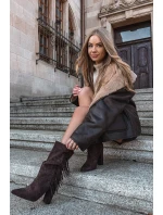 Dámské kotníkové boty na podpatku s třásněmi a žebrováním Zateplené Čokoládové model 21757539 - Boto