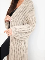 Dámský dlouhý model 22353175 cardigan bez zapínání se širokým rukávem béžový - K-Fashion