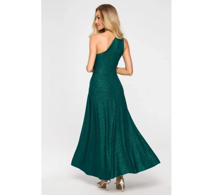 M718 Maxi šaty na jedno rameno - smaragdové