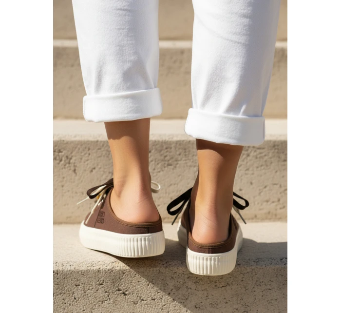 Dámské tenisky na platformě s ozdobnými korálky cappuccino ZY1409