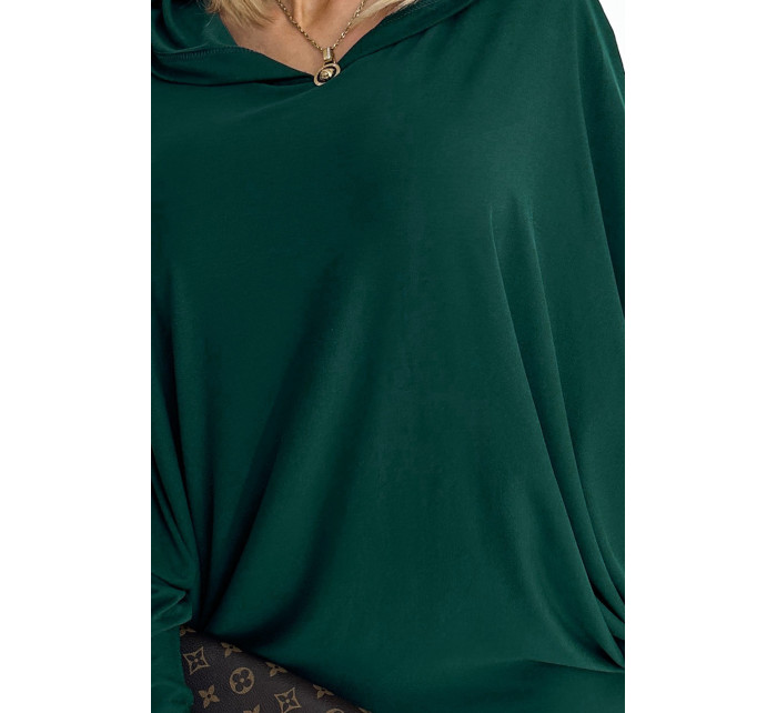 Dámské netopýří šaty v lahvově zelené barvě s kapucí 400-1