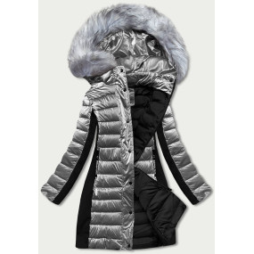 Šedá dámská zimní bunda z různých spojených materiálů (DK067-45)