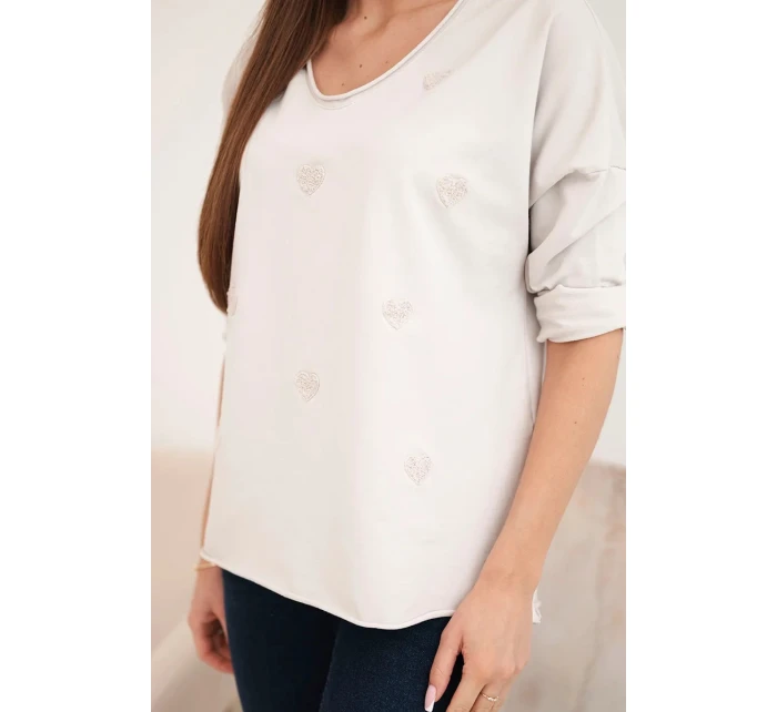 Dámská bavlněná blůza s dlouhým rukávem a srdíčky béžový