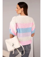 Dámský svetr s krátkým rukávem v barevných pruzích a model 21949228 vzorem béžový - K-Fashion