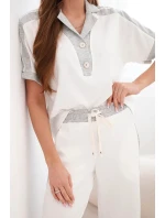 Dámský máslový komplet s polo mikinou a širokými kalhotami šedý