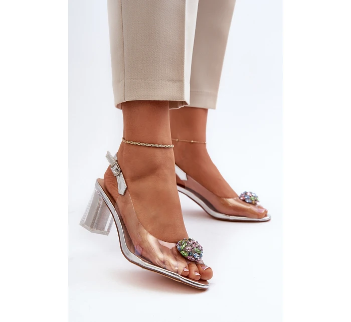 Průhledné sandály na podpatku s ozdobou stříbrné D&A MR38-454
