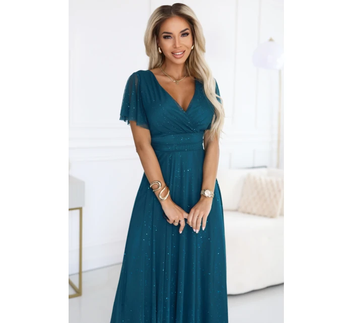 Dlouhé třpytivé šaty 635-1 MELANIA lahvově zelené - Numoco