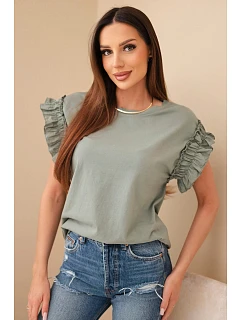 Dámská bavlněná halenka s model 22147986 rukávem khaki - K-Fashion