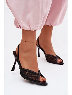 Dámské sandály na podpatku s krajkou a zdobením Černé Melivelle