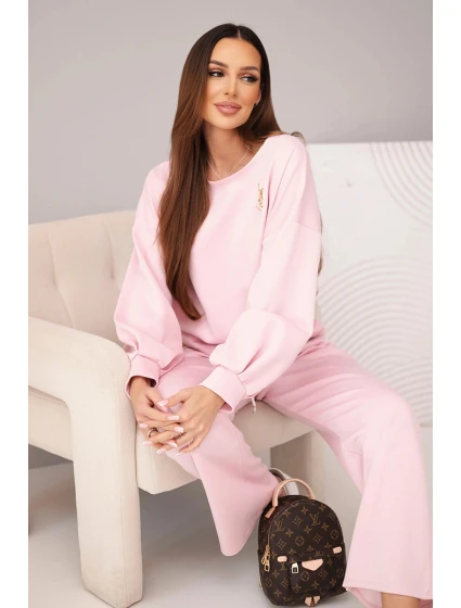 Dámský komplet máslová mikina s broží a kalhoty s rovnou nohavicí tmavě pudrově růžová