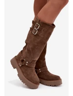 Kožené semišové dámské kozačky s přezkami zateplené Big Star OO274A182 béžové Kožené semišové dámské kozačky s přezkami zateplené Big Star OO274A182 béžové