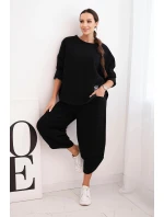 Dámský teplákový komplet z silnějšího materiálu se širokými nohavicemi černý Dámský teplákový komplet z silnějšího materiálu se širokými nohavicemi černý