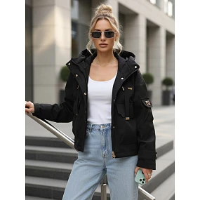 Dámská přechodná bunda s kapucí a kapsami černá FashionStreet TY5636 Dámská přechodná bunda s kapucí a kapsami černá FashionStreet TY5636