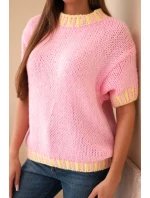 Dámský svetr s krátkým rukávem a model 21949252 lemem světle růžový - K-Fashion