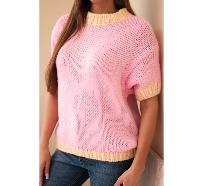 Dámský svetr s krátkým rukávem a model 21949252 lemem světle růžový - K-Fashion