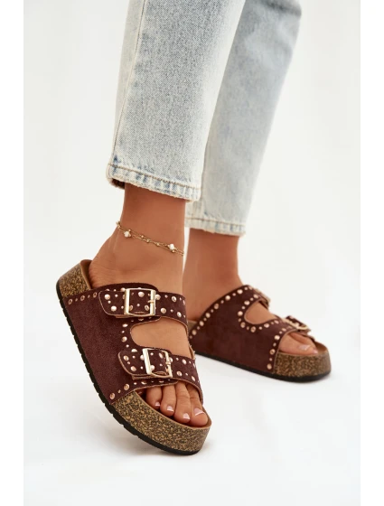 Dámské pantofle s zlatými sponami a knoflíky hnědé Tervina