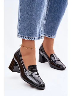 Kožené Lakované Dámské Lodičky na Podpatku model 22100046 Černé - VINCEZA
