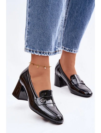 Kožené Lakované Dámské Lodičky na Podpatku model 22100046 Černé - VINCEZA