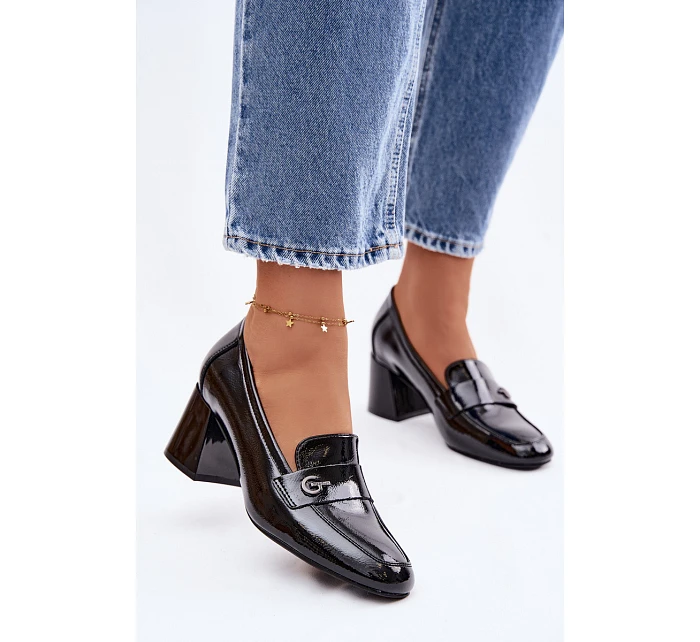 Kožené Lakované Dámské Lodičky na Podpatku model 22100046 Černé - VINCEZA