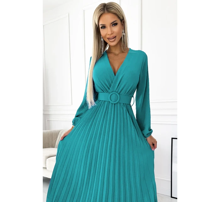 Dámské plisované midi šaty v mořské barvě s výstřihem, dlouhými rukávy a širokým opaskem model 22077536 - numoco basic Dámské plisované midi šaty v mořské barvě s výstřihem, dlouhými rukávy a širokým opaskem model 22077536 - numoco basic