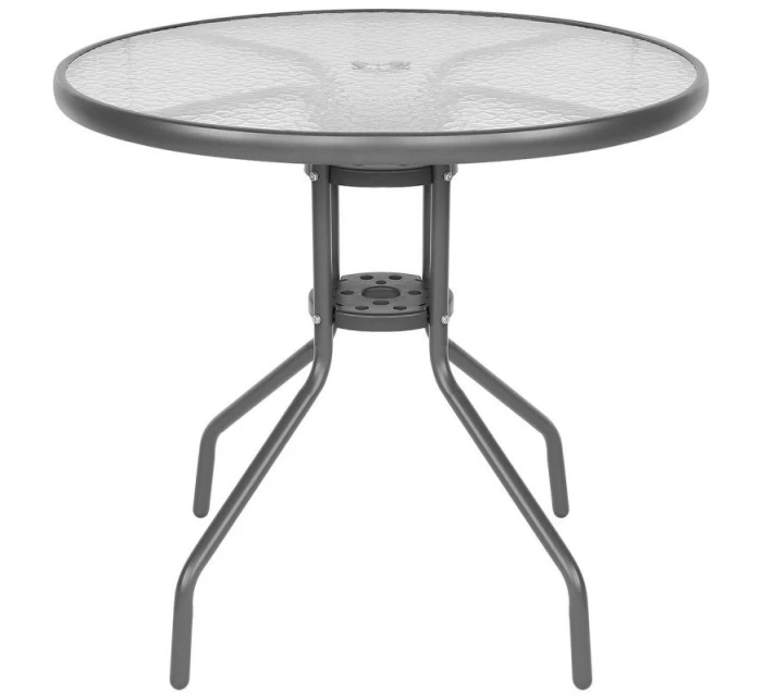 SADA ZAHRADNÍHO NÁBYTKU KULATÝ STŮL 4 ŽIDLE A SLUNEČNÍK TMAVĚ ŠEDÁ SADA ZAHRADNÍHO NÁBYTKU KULATÝ STŮL 4 ŽIDLE A SLUNEČNÍK TMAVĚ ŠEDÁ