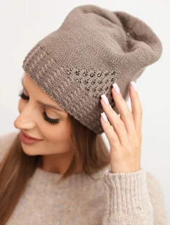 Dámská zimní čepice z vlny s ozdobným pletením a kamínky K449 mocca