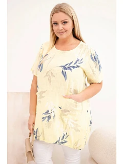 Dámská bavlněná halenka Plus Size s krátkým rukávem a vázáním dole žlutá