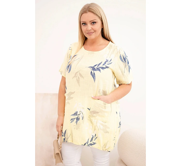 Dámská bavlněná halenka Plus Size s krátkým rukávem a vázáním dole žlutá