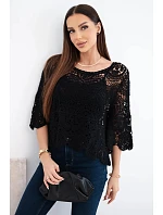 Dámský bavlněný prolamovaný svetr s krátkým rukávem a ozdobným vzorem černý