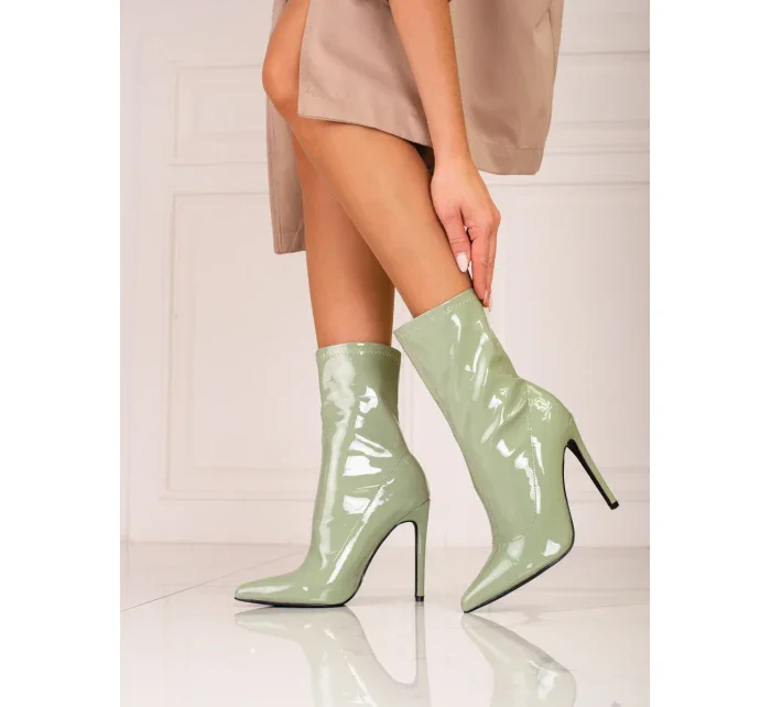 Moderní zelené  kotníčkové boty dámské na jehlovém podpatku