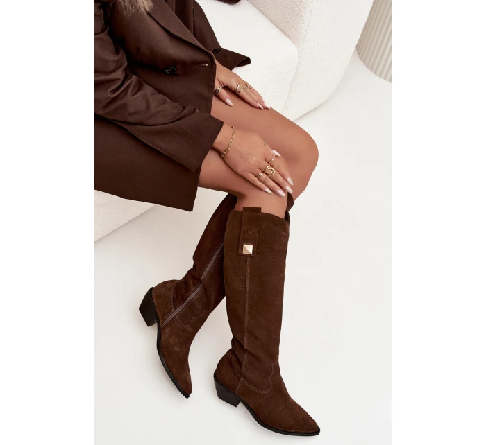 Kožené semišové kozačky zateplené  čokoládové model 21718495 - Zazoo