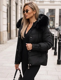 Dámská prošívaná bunda s kožešinovou kapucí, černá, FashionStreet TY5892