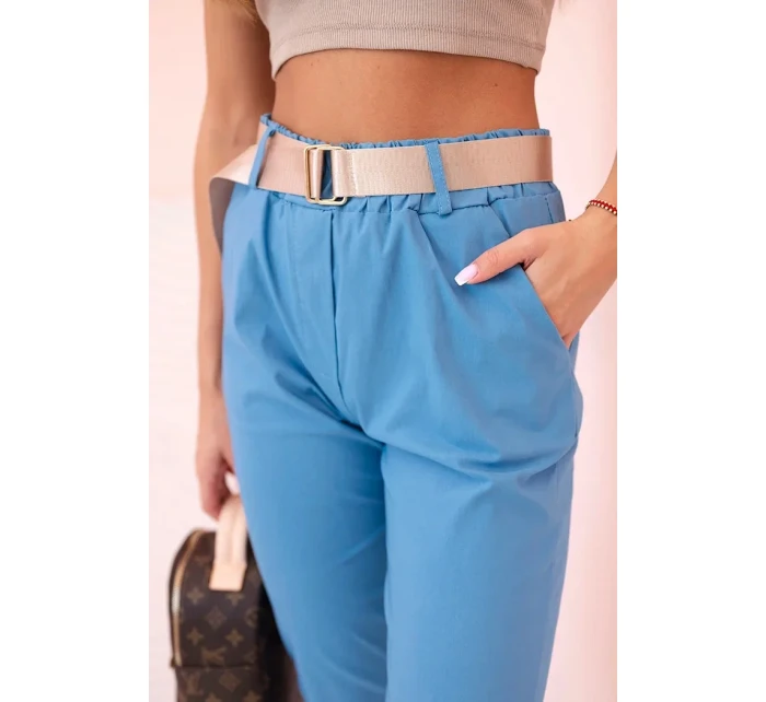 Dámské viskózové kalhoty s páskem a ohrnutými nohavicemi džínovina