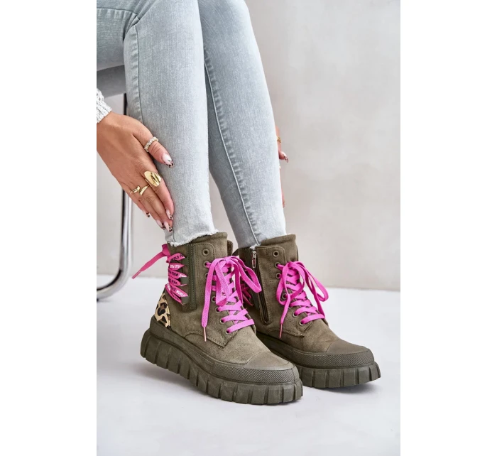 Dámské Kotníkové Boty Na Platformě S Ozdobným Šněrováním Leopardí Vzor Zelené Edidda Dámské Kotníkové Boty Na Platformě S Ozdobným Šněrováním Leopardí Vzor Zelené Edidda